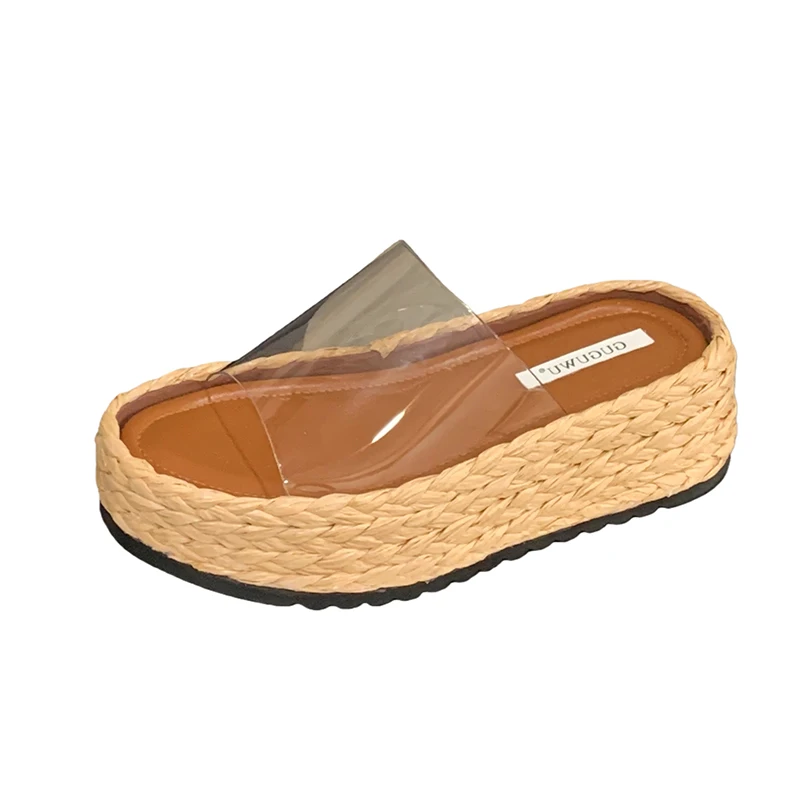 

Womens Platform Sandals Low Heels White Slippers Summer Transparent Wedges Shoes Casual Straw Weaving Chunky Heels Sandals