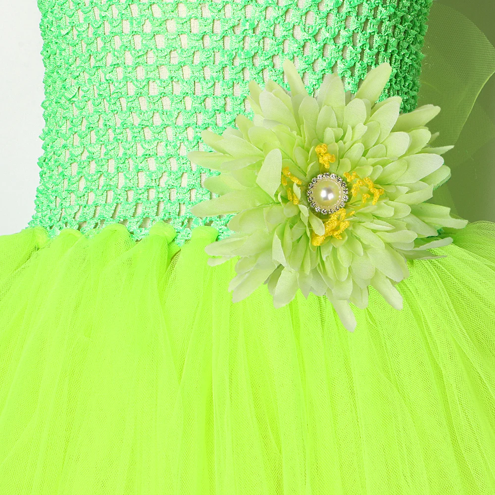 Girls Green Flower Fairy Fancy Dresses for Kids Christmas Costumes Halloween Outfit Princess Ballet Tutus with Wings Magic Wand