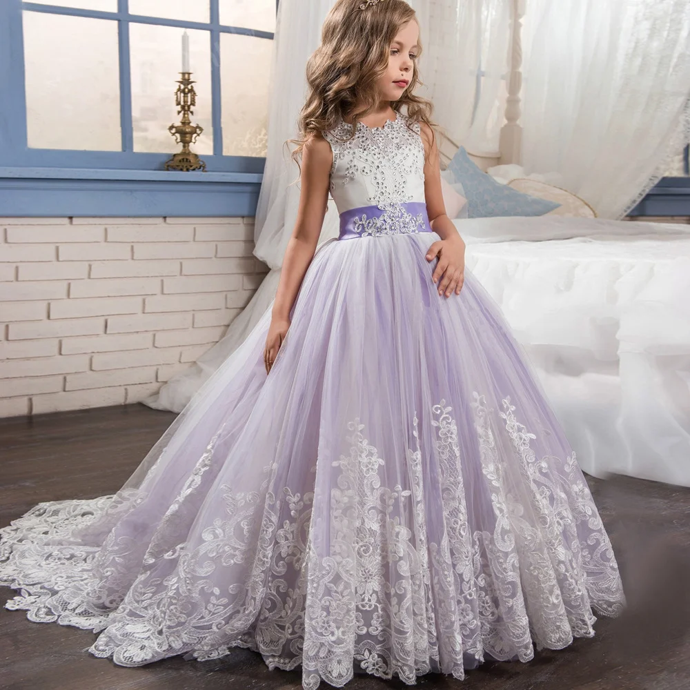 Lavender tulle trailing lace flower girl dress suitable for wedding, birthday party beauty pageant performance princess dress