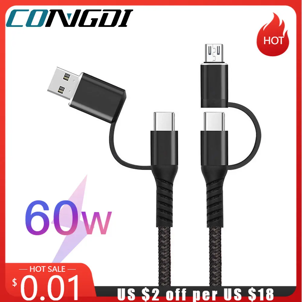 USB Cable Type C 4 In 1 PD 60W Fast Charge Type-c To Micro USB Cable Multi Charger Cable For Samsung Xiaomi Huawei Iphone 14 13