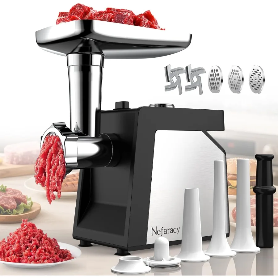 مفرمة لحم كهربائية بمقبض 2600 وات ماكس باور للمطبخ المنزلي تستخدم ماكينة مفرمة لحم من الفولاذ المقاوم للصدأ شديدة التحمل مع 2 Bl