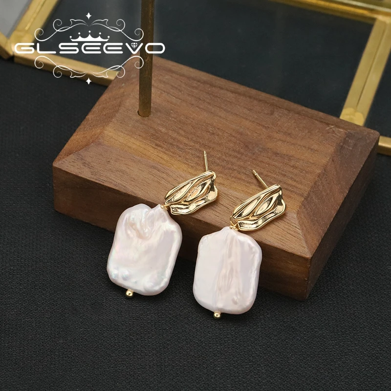 GLSEEVO Rhombus Plated Long Stitch Stud Earrings Exquisite Baroque Pearl Eardrop Korean Fashion Style Lady Eardrop Fine Jewelry