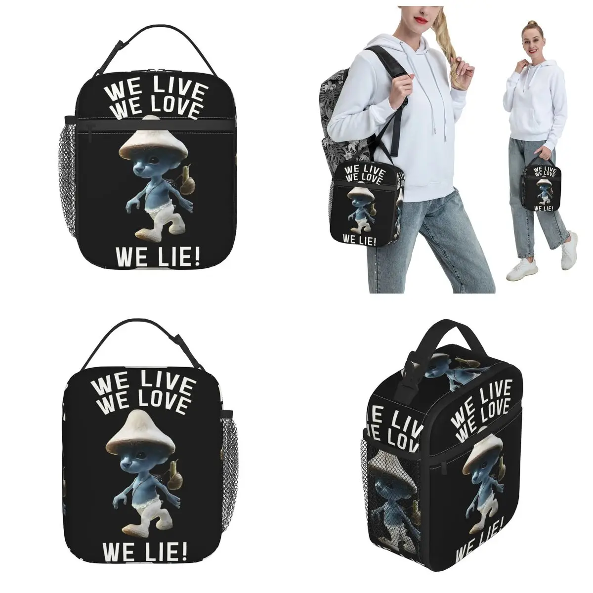 We Live We Love We Lie Thermal Insulated Lunch Bag for School Cat Mushroom Meme Bento Box Men Women Cooler Thermal Lunch Boxes