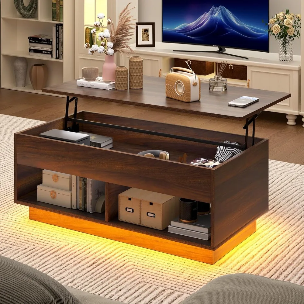 Modern Lift Top Coffee Table with Storage for Living Room LED Coffee Table Wodden Lift Tabletop Dining Table with Hidden