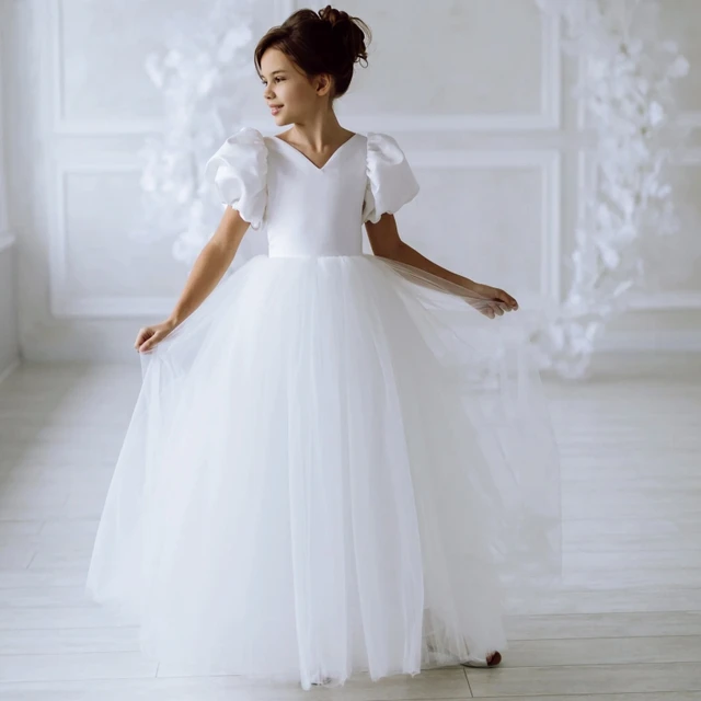 Vestido blanco de flores con cuello en V para niña, vestidos de boda de tul con mangas cortas hinchadas, fiesta de cumpleaños para niños, vestidos de primera comunión de princesa