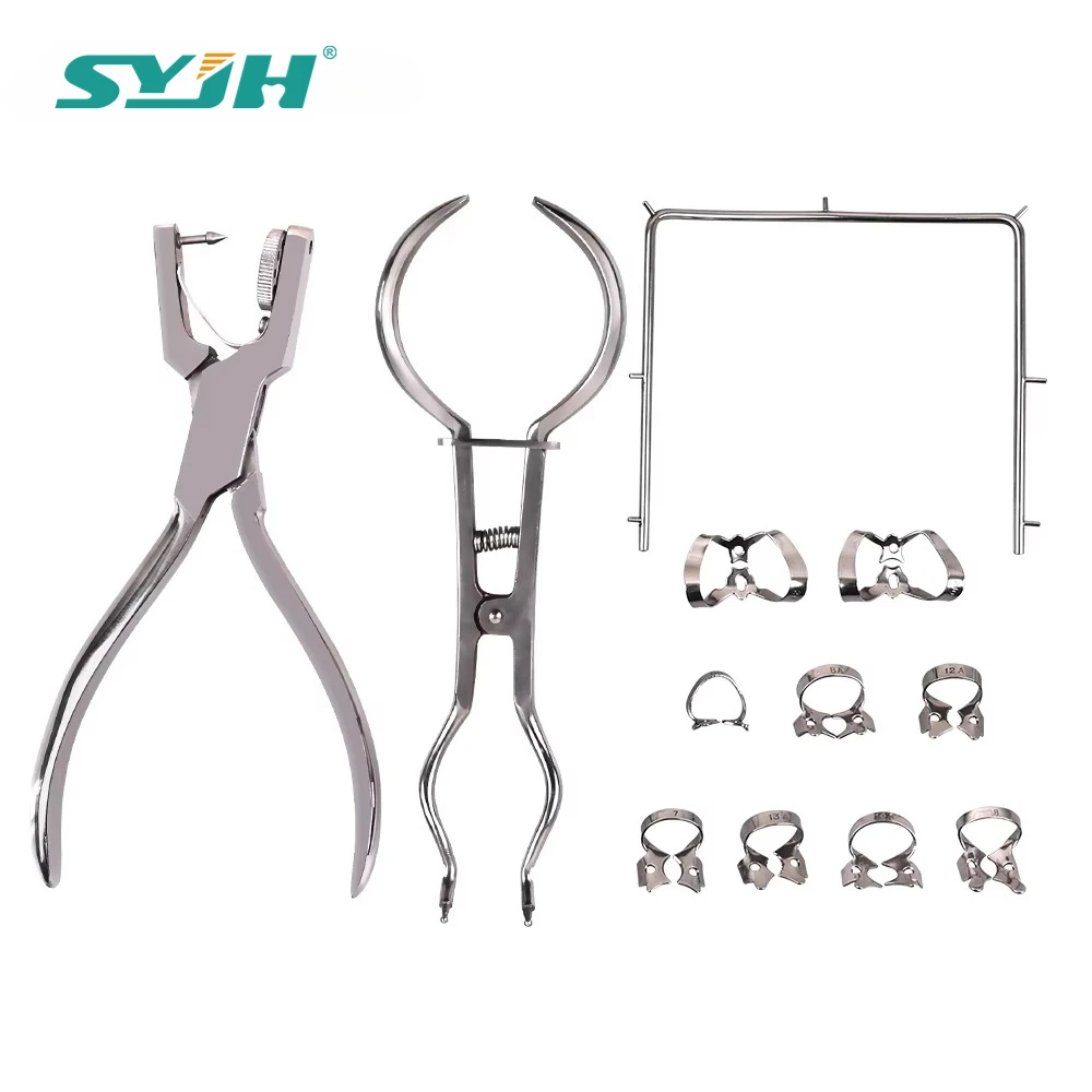 SYJH Dental Rubber Dam Punch Pliers Set with Leather Bag Dam Clip Frame Orthodontic Dentist Clinic Lab Instruments Equipment Kit