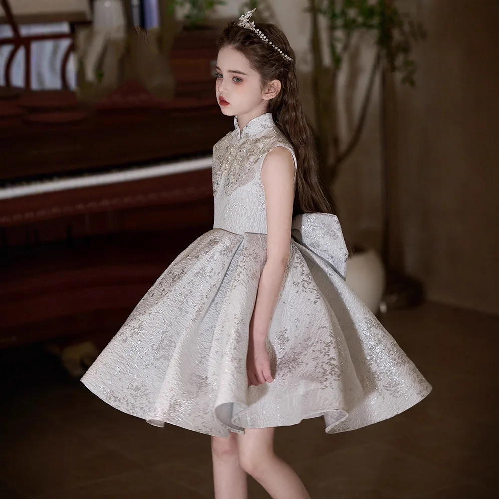 New Children Performance Outfit Formal Birthday Party Wear Costume Girls Host Short Princess Gown Kids Clothes Piano Recital