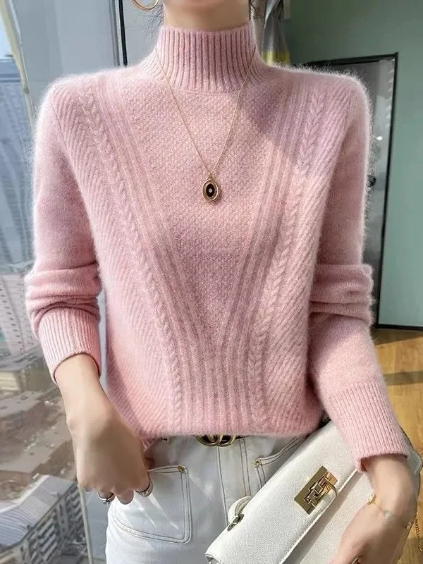 

Свободный женский вязаный свитер, однотонный, с высоким воротником, ленивый, осень-зима, Новое поступление, розовый базовый слой, вязаный irt