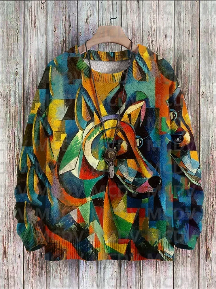 Multicolor Abstract Geometric Art Cat Print Knit Pullover Sweater Men's For Women's Pullover