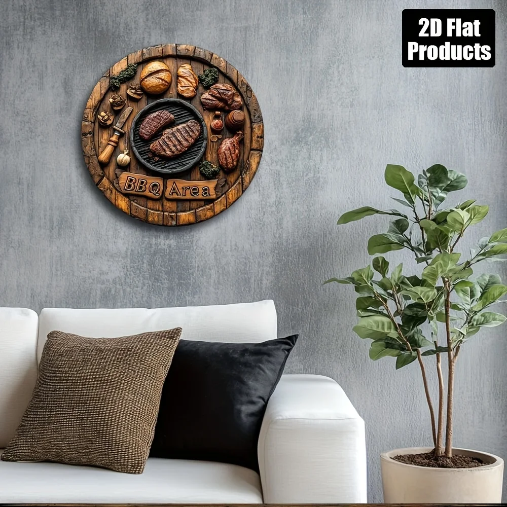 2D Flat, 1pc Vintage BBQ Sign Metal Wall Decor Plaque - 8x8 Inch Round Aluminum Sign with Grilled Meats & Wooden Plank Design, P - view 6