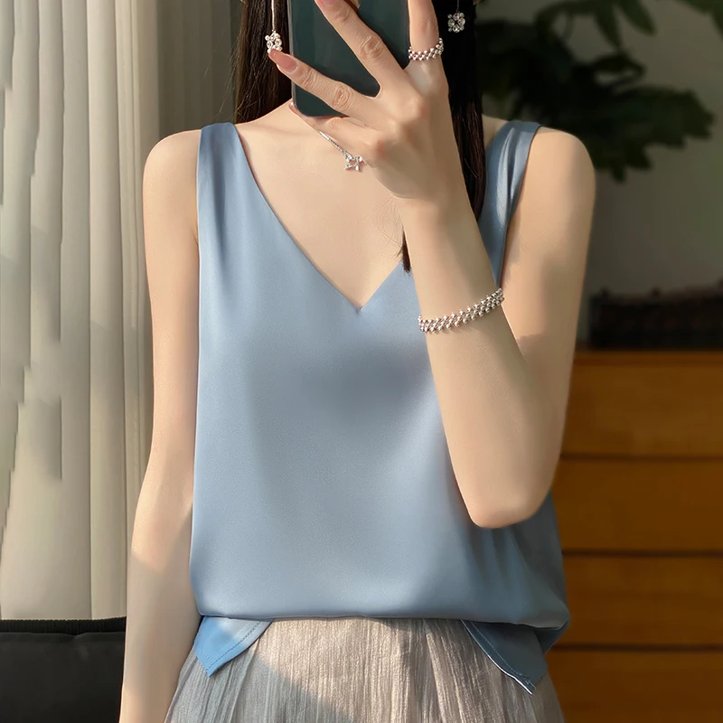 Silk Satin Women Double Shoulder Camisole Tank Top V-neck Sleeveless Top T-shirt Elegant Crop Top Solid Casual Basic 2025 Summer