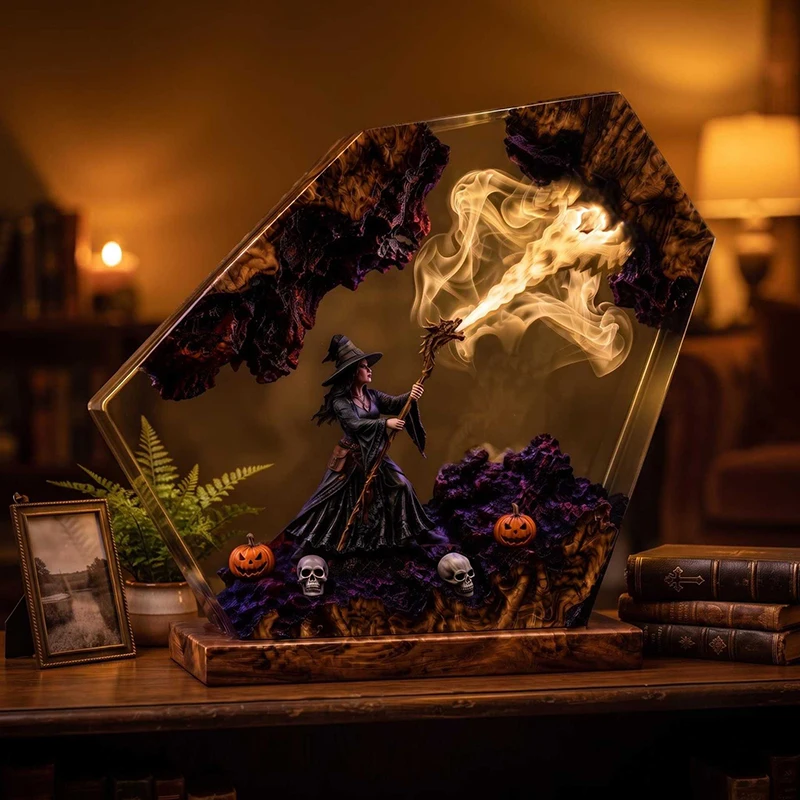 Witch Figure Organism Resin Table Light Creactive Art Decoration Halloween Wizard Theme Night Light  7-Colors USB Charge