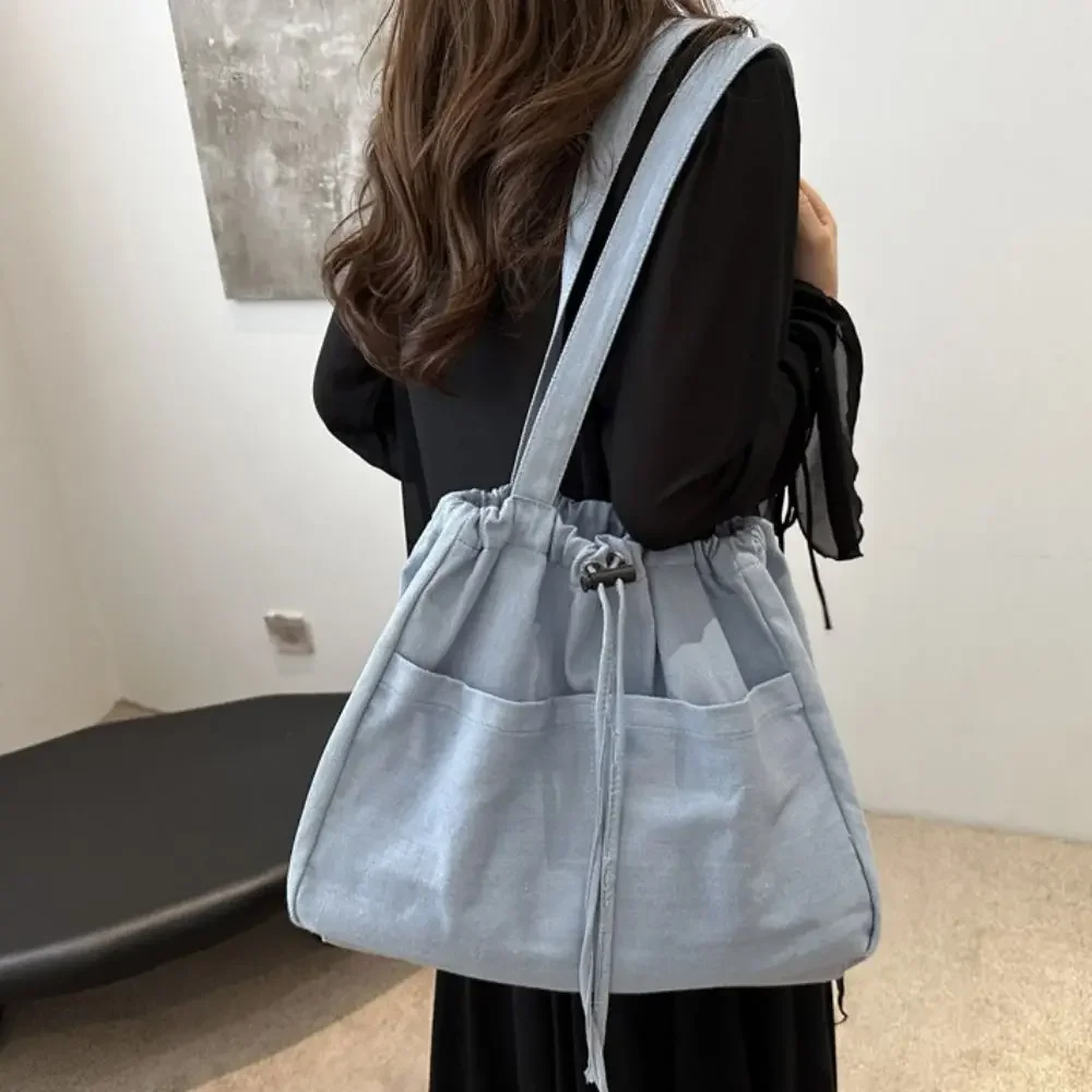 Simple Large Capacity Oxford Drawstring Shoulder Bag Casual All-match Denim Tote Bag Cowboy Leisure Canvas Bucket Bag Streetwear