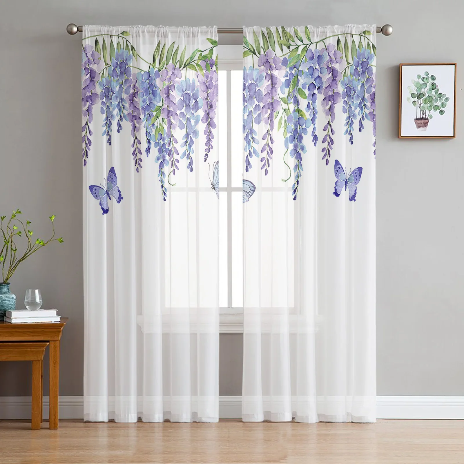 Spring Flower Wisteria Butterfly Sheer Curtains for Living Room Decoration Window Curtains Kitchen Tulle Voile Organza Curtains