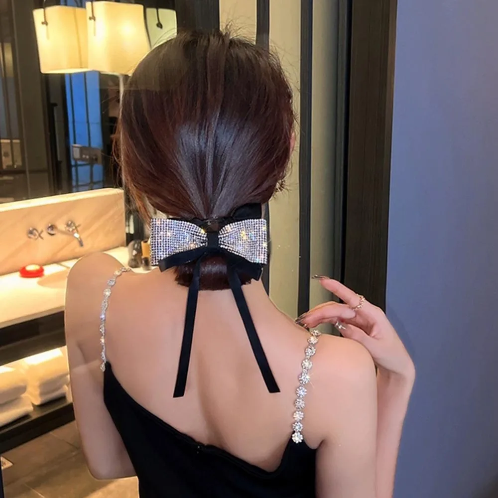 Diamond Bow Ribbon Hair Ropes Shiny Rhinestone Scrunchies Hair Tie Women Party Elegant Rubber Bands Temperament Ladies Accessory