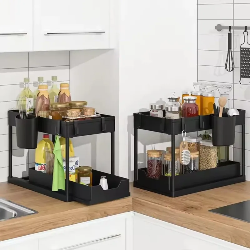 2 Pack Black Under Sink Organizers and Storage, 2-TIER Sliding Cabinet Basket Organizer with Hooks, Multi-Purpose Under Sink Organizers and Storage for Bathroom Kitchen