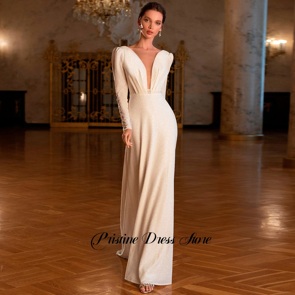 Elegant Women Wedding Dress Customized Long Sleeves Sparkly Tulle Deep V-neck Bridal Gowns with Beading Sashes Sweep Train