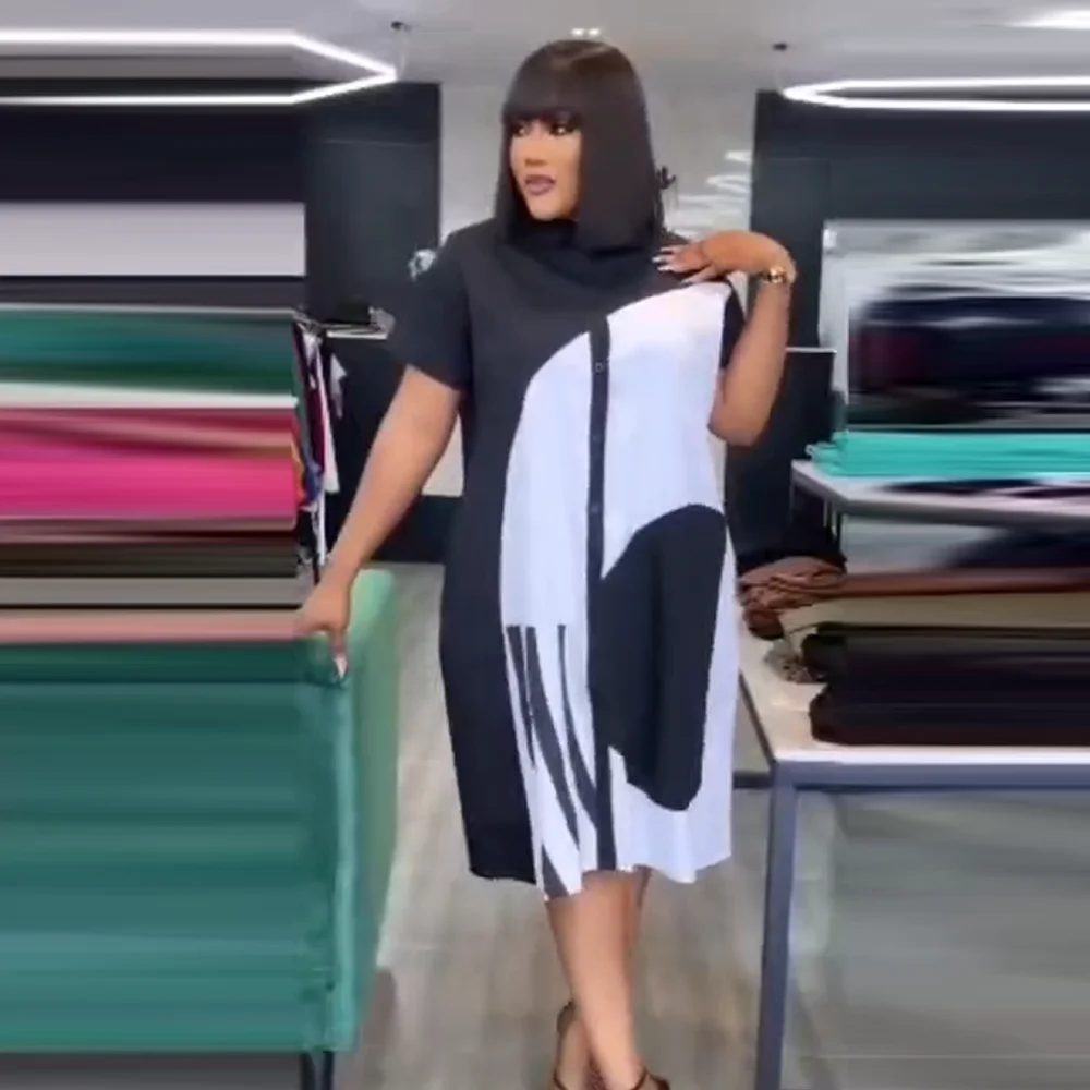 Plus Size Damen kleider neue Kontrast farbe Kleid Kurzarm lässig Damen bekleidung Mode eine Linie Kleid lose Midi kleider