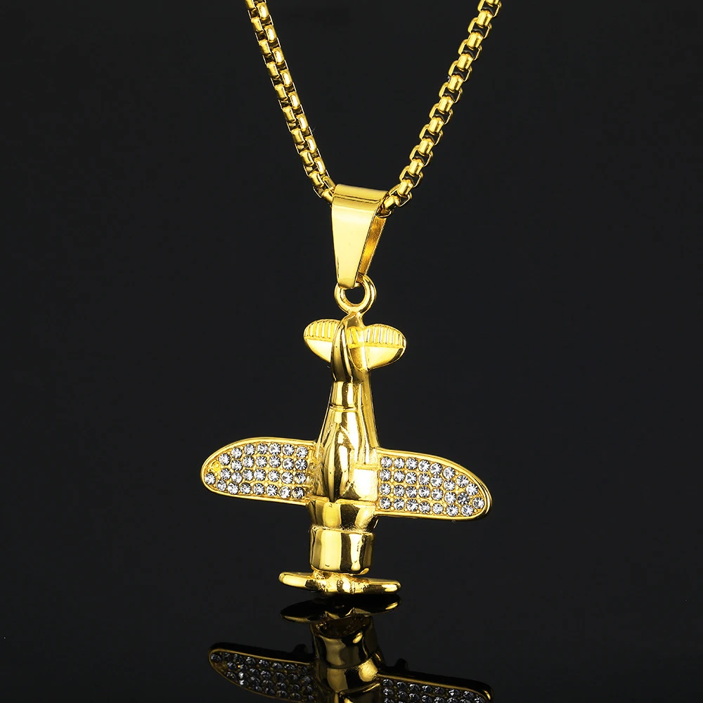 Hip Hop Fighter Jets Airplane Iced Out CZ Pendant Gold Color Stainless Steel Air Soldier Necklace Man Hippie Military Jewelry