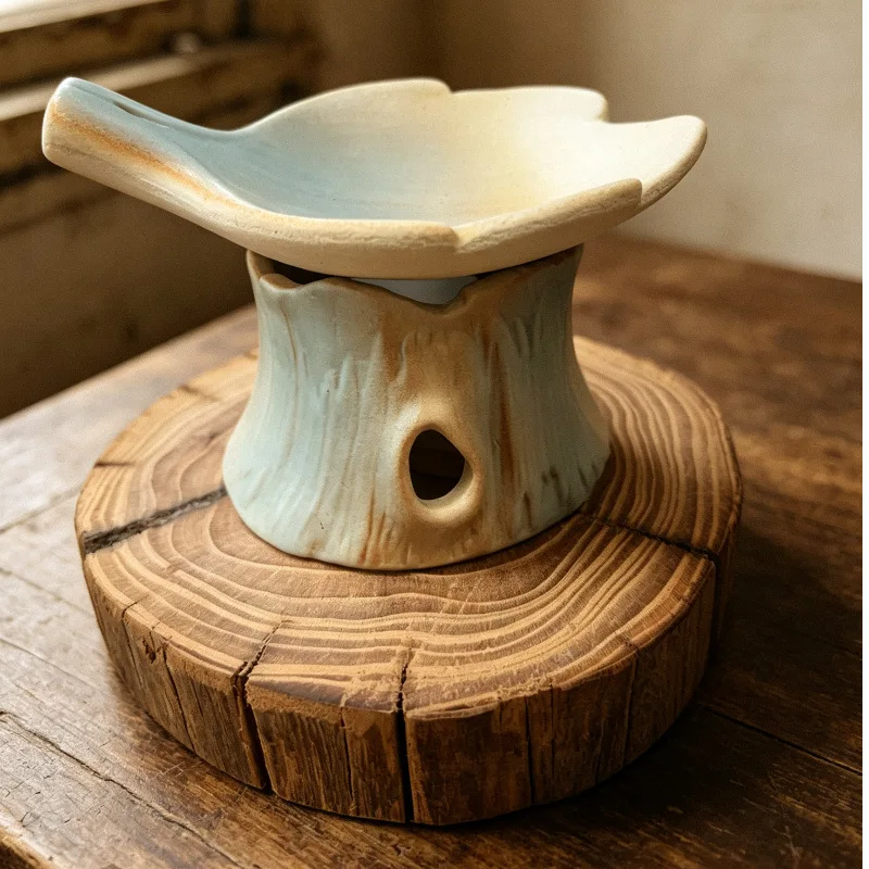 3Pcs Rustic Tree Stump Ceramic Aroma Burner Set Handmade Stoneware Candle Wax Melt Warmer with Trays  for Decorative Incense