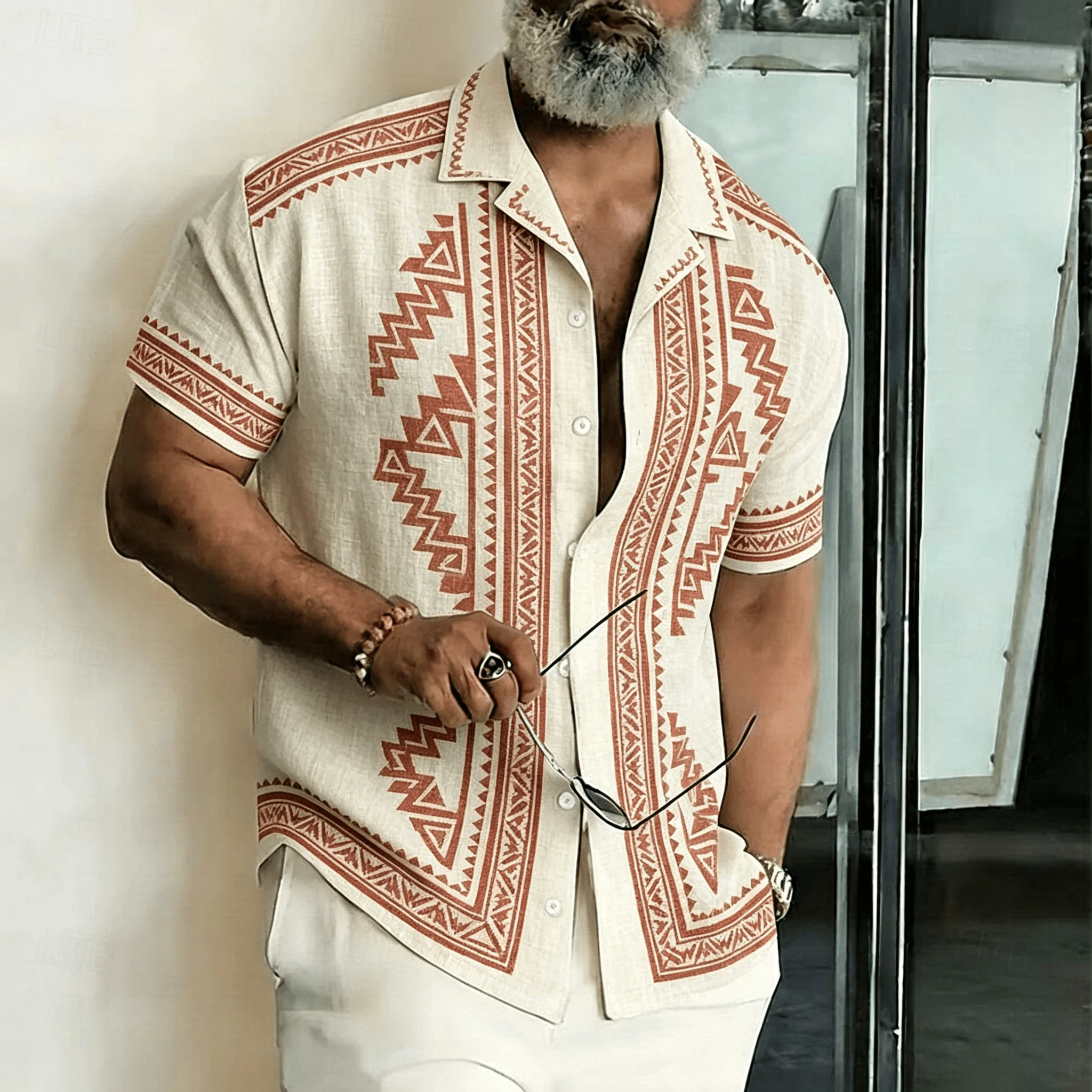 

Men's Beige Aztec Geometric Print Short Sleeve Shirt, Casual Boho Button Down with Rust Tribal Pattern for Spring & Summer