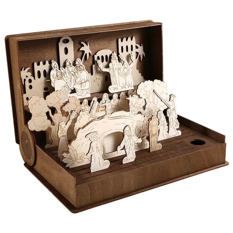 AUAU-2025 Famille Pâques Sainte Semaine Cadeau Resurrection Scène Décor, Bois Sainte Semaine Livre Playset, Décor de Pâques Vintage fait à la Main