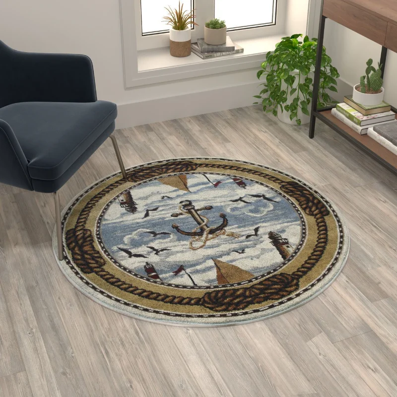 

4'X4' Round Beige Carpets for Living Room Nautical Themed Area Rug with Jute Backing Rugs for Bedroom Home Decor