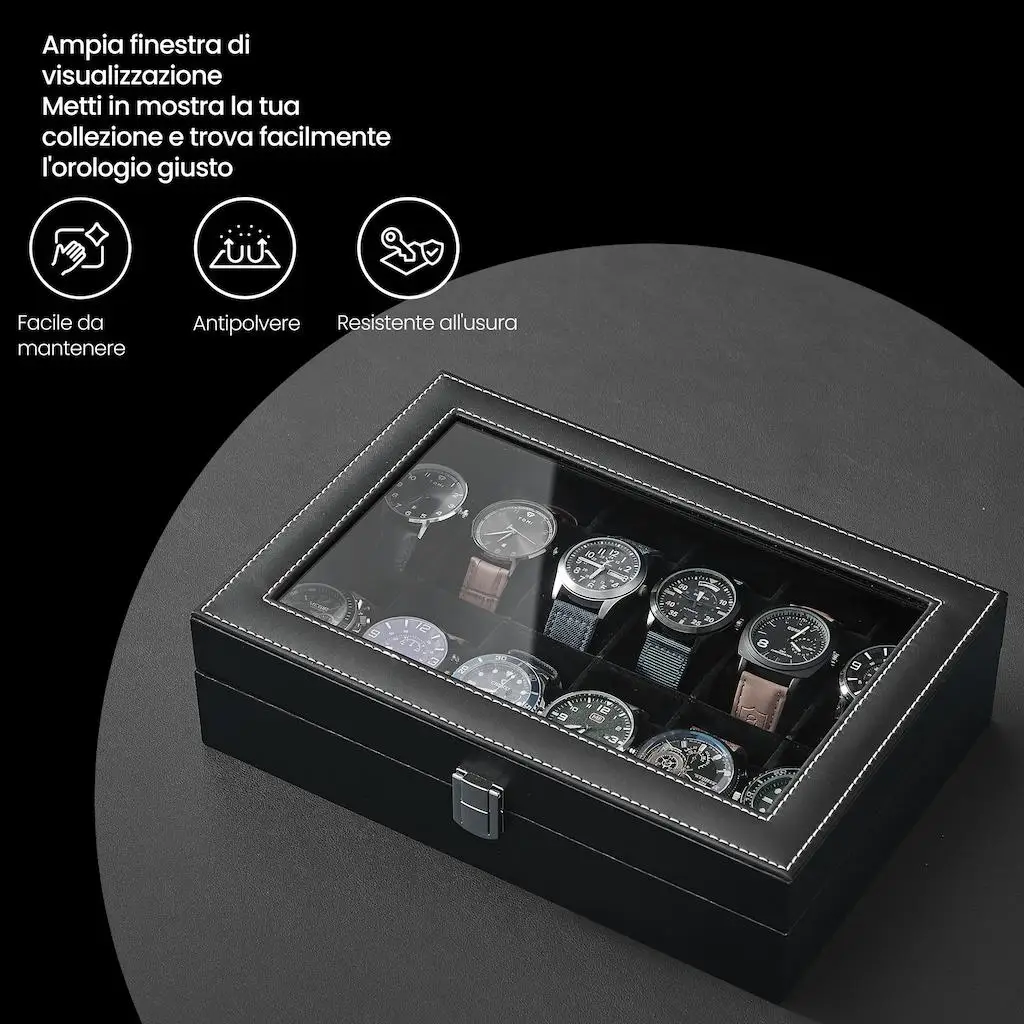 صندوق ساعة SONGMICS مع 12 فتحة، علبة ساعة بغطاء زجاجي، صندوق عرض للساعة مع وسائد ساعة قابلة للإزالة، مشبك معدني #2
