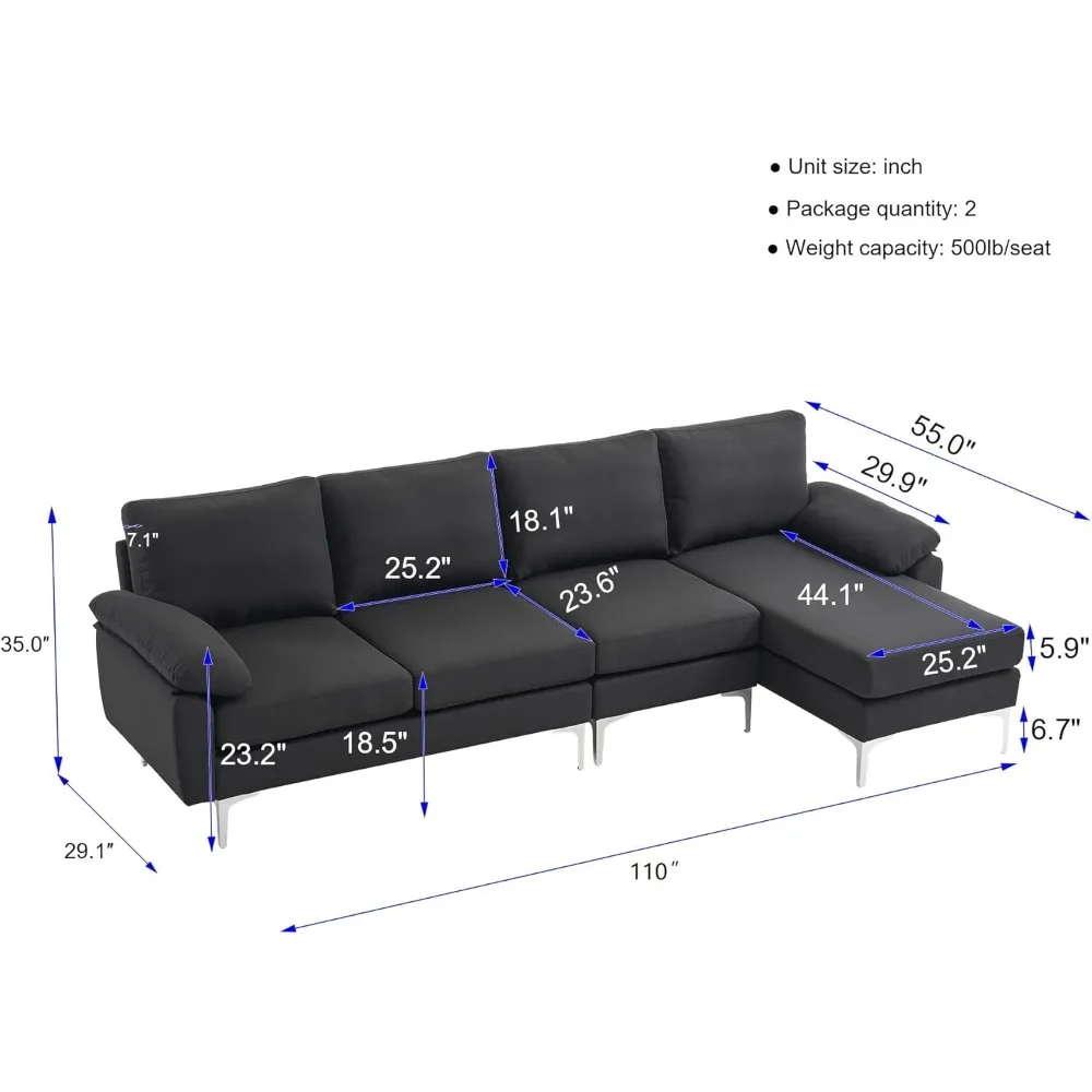 Reversible Sectional Sofa L-Shaped Deep Seated 4-Seater Modern Linen Sofa Couch with Chaise Lounge Iron Feet Indoor Modular Sofa