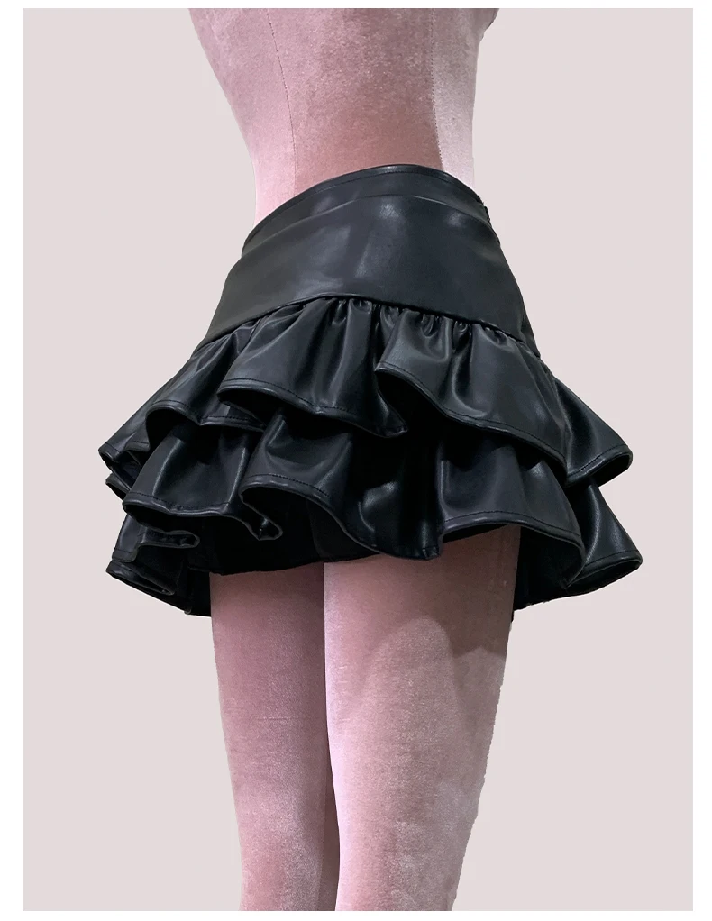Nerazzurri Summer Autumn Soft Black Pu Leather Mini Tiered Pleated Skirt Women Lace Up Short Luxury Designer Punk Style Clothes
