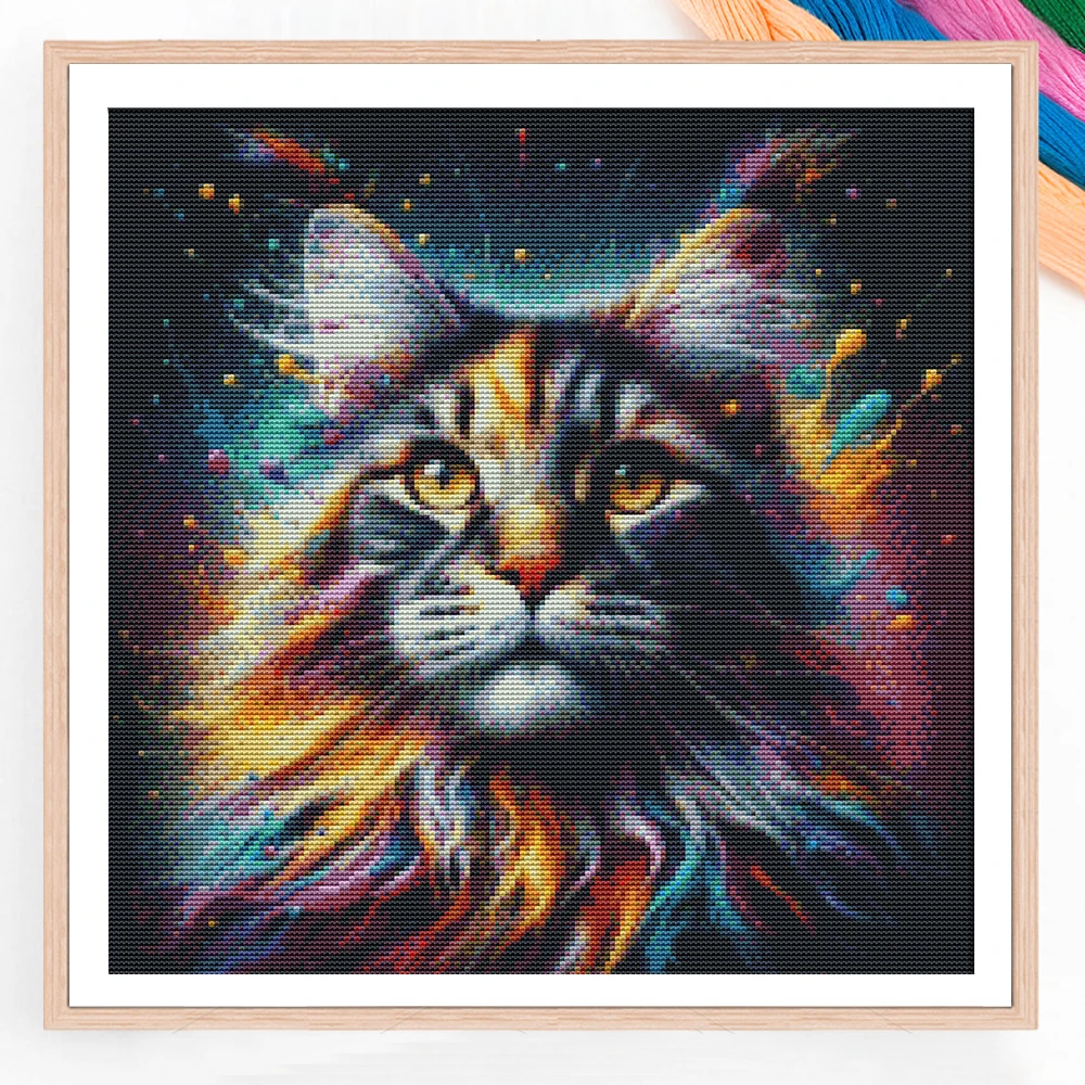 

Cross Stitch Colourful Cat Embroidery Kits Animal Printed Canvas 11CT Thread Needlework DIY Gift Home Decoration
