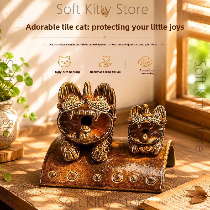 Yunnan tile cat pure handmade intangible cultural heritage ceramic ornament Guochao ugly cute desktop auspicious decoration