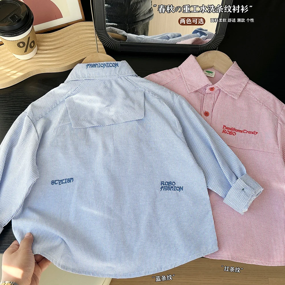 

2025 Spring Autumn Girls Boys Casual Stripe Embroidery Long Sleeve Blouse Two Colors