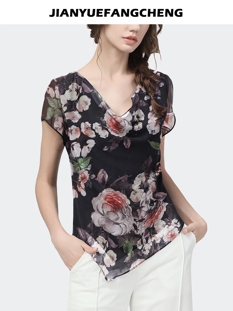 Vintage Floral Printed Women Short Sleeve Chiffon Blouse 2023 Summer New Elegant Slim Swimming V-neck Casual Tops