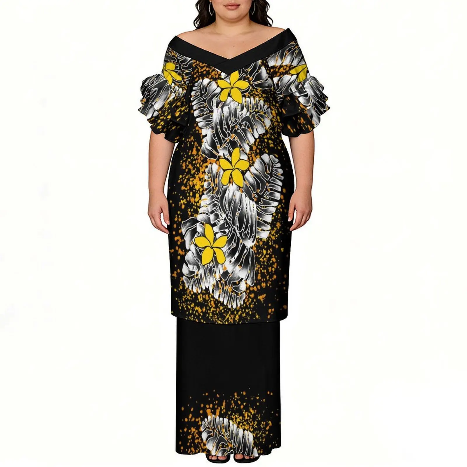 Fashion Design Custom Pattern Printed V-Neck Petal Sleeve Puletasi Style Women'S Suit Skirt - Polynesian Summer Art Dress view 2