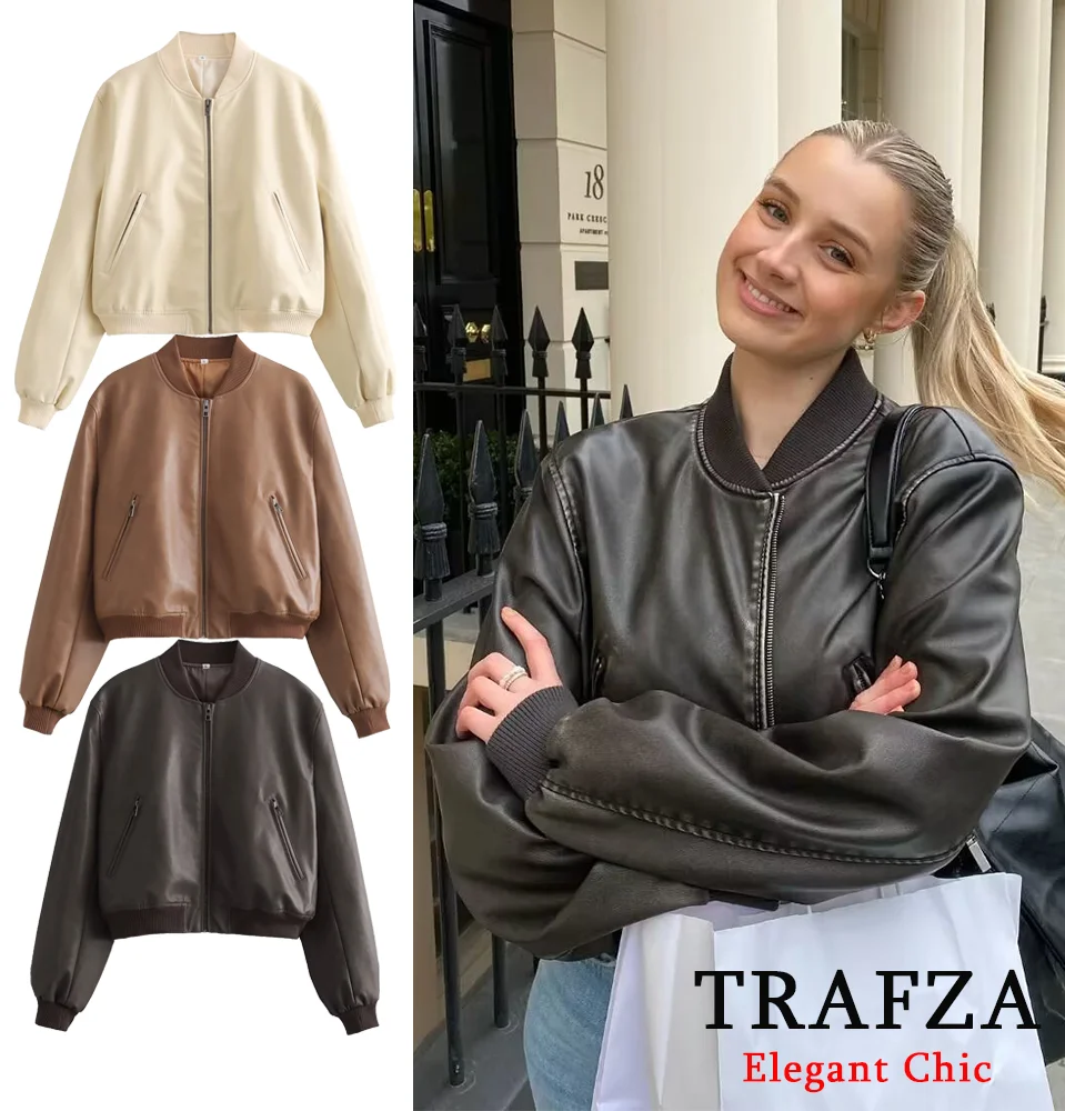 TRAFZA jaket Aviator kulit PU wanita, mantel jaket ritsleting leher O klasik, jaket musim gugur modis keren 2024