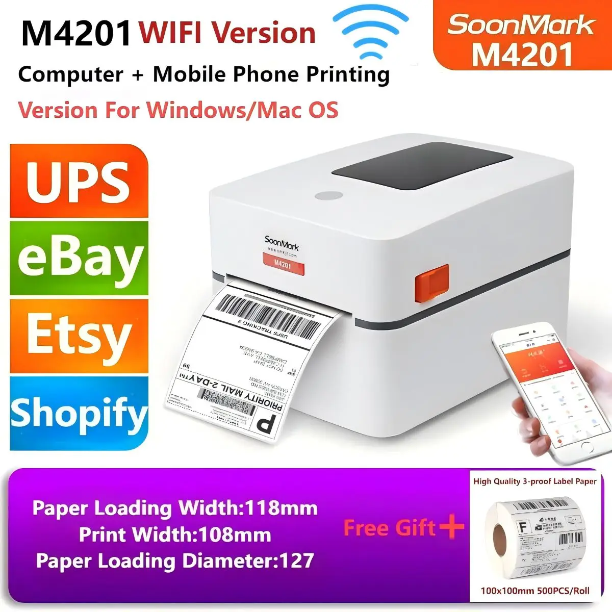 M4201 E-commerce Thermal Label Printer Print Width 20-108mm 152m/s Fast HD Printing Express Delivery Labels for UPS Ebay Shopify