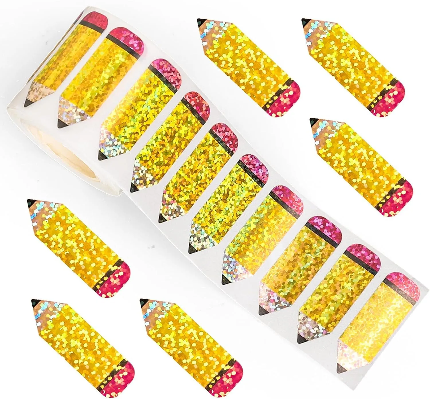 500Pcs 1.2in Glitter Pencil Shape DIY Waterproof Packaging Reward Stickers Party Envelope Decoration Packaging Label Stickers Teacher Student Behavior Reward Stickers