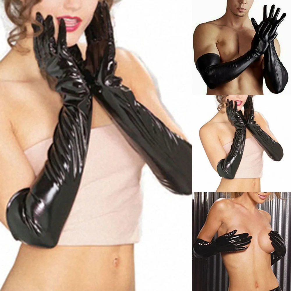 Sexy Men Faux Leather Long Gloves Wet Look Latex Party Opera Club Costumes Patent Leather Oil Shiny Glossy Gloves Clubwear