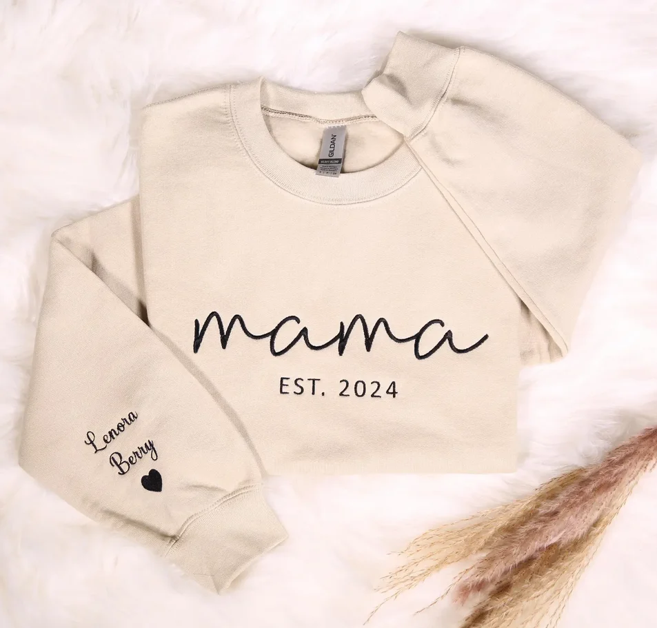 Custom Embroidered Mama Sweatshirt With Names On Sleeve, Personalized Mom Embroidery Hoodie, Birthday Outfits, Mother's Day Gift
