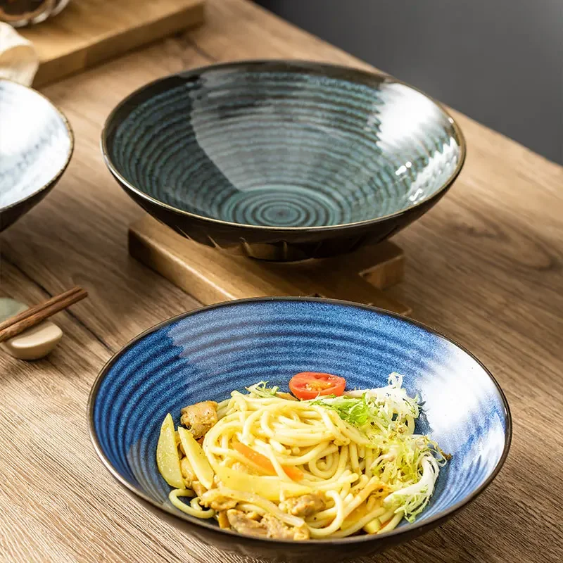 Japanese retro ceramic ramen bowl Stripes high appearance level Cooking bowl Large caliber salad bowl