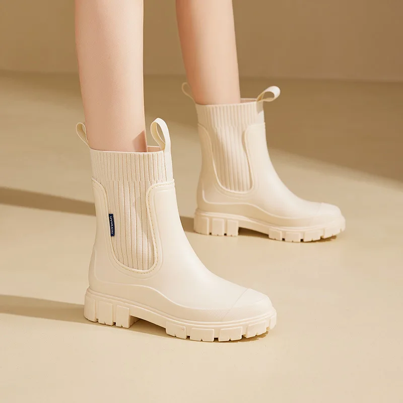 

Women's Elastic Mouth Rain Boots Chelsea Waterproof Non-slip Outdoor Wearable Mid-calf Boots Spring Autumn Seasonal Use