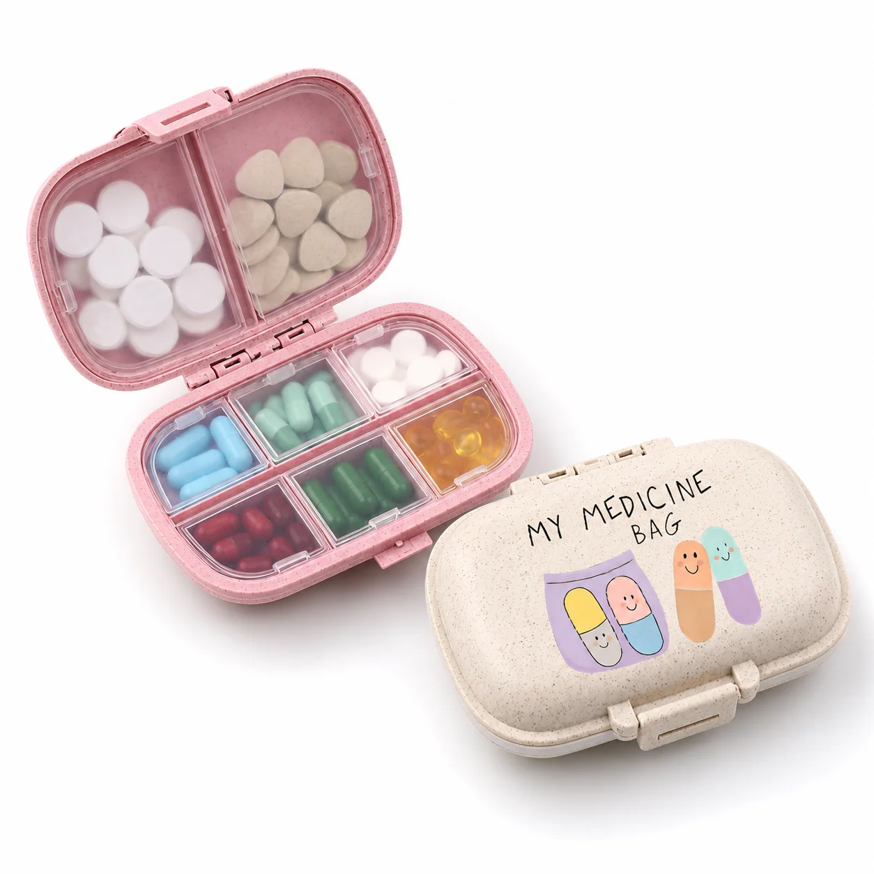 Cute 8-Compartment Pill Organizer with Locking Lid, Portable Medicine Case for Women, Seniors, Travel, Office & Daily Vitamins