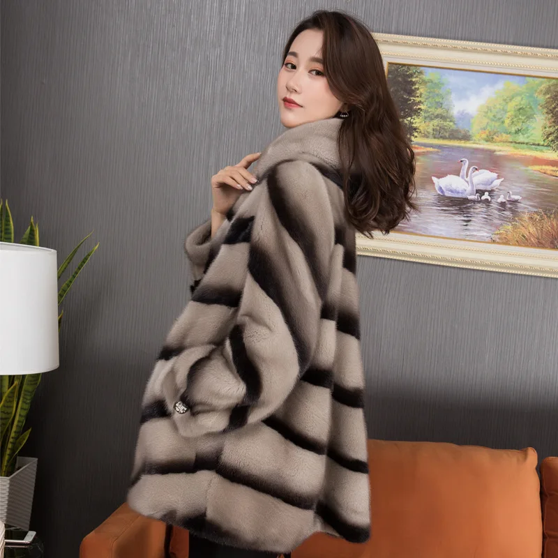 Haining 2023 New Imported Velvet Mink Fur Coat Women's Whole Mink Mid-length Jacket Mink Imitation Fur Hoodie