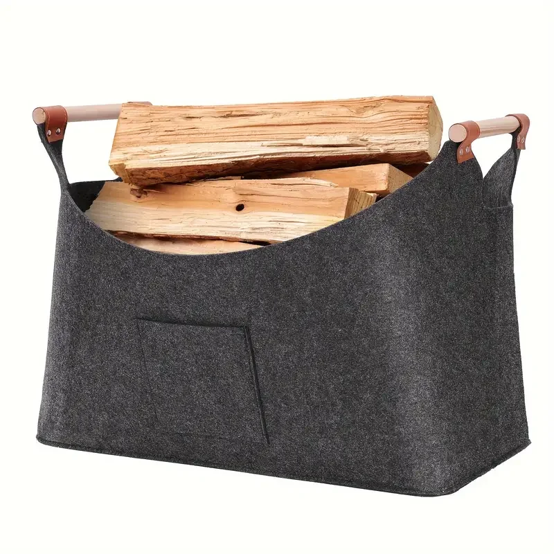 1pc Large Felt Log Carrier Basket, Grey Wood Basket With Handles, Foldable Indoor/Outdoor Storage Tote For Shopping Bags