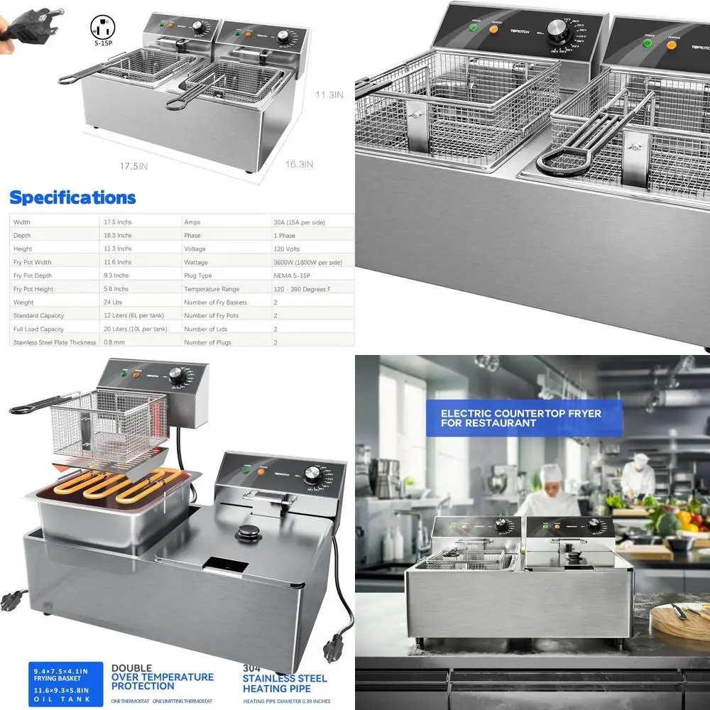 

Dual Tank Stainless Steel Electric Deep Fryer, 20L Capacity, 2 Baskets, 120V 3600W for Home and Restaurant Use