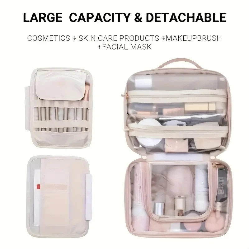 2024 Makeup Cosmetic Bag, Travel Makeup Organizer With 2 Detachable and Removalble Pockets, Multi-purpose Car Essentials Bag