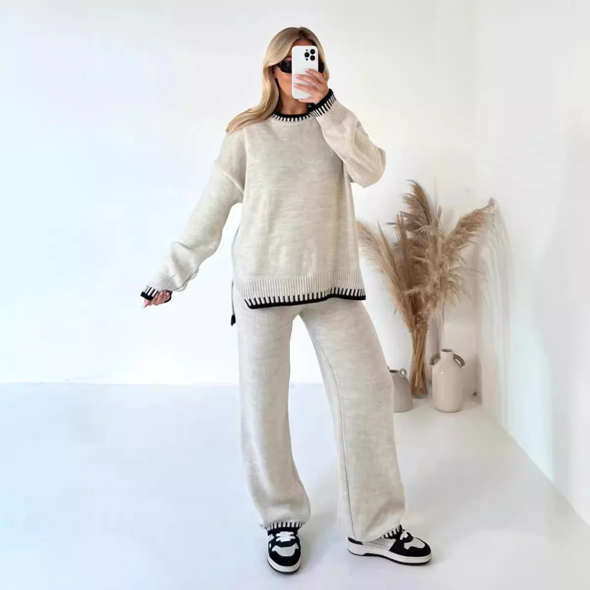 Women Knitting 2 Piece Set Casual Loose O Neck Pullover Top Wide Leg Pants Two Piece Outfits Fashion Color Matching Home Suit