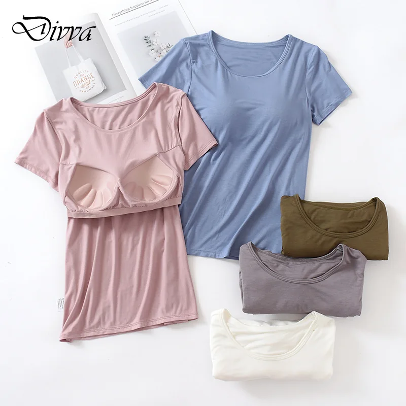 

Sleep Tops Short sleeved T-shirt with Chest Pad Women Modal Cup One Piece Fitted Bottom Shirt Women's Top Round Neck No Wear Bra