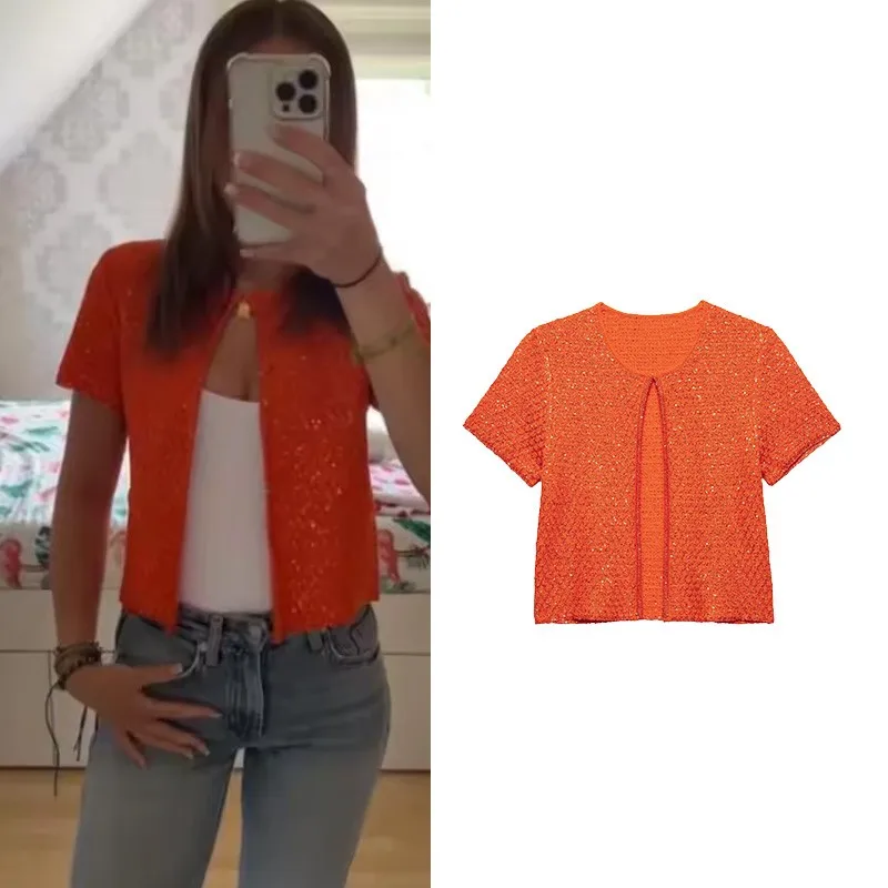 Women's Knit Cardigan with Sequin New 2026 Autumn O Neck Short Sleeve Metallic Thread Lady Sweaters Simple Female Tops